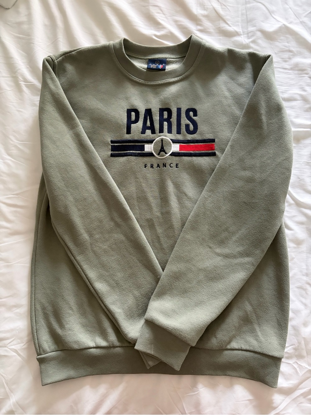Aris Sage Green Paris Crewneck Sweatshirt with Tricolor Stripe
